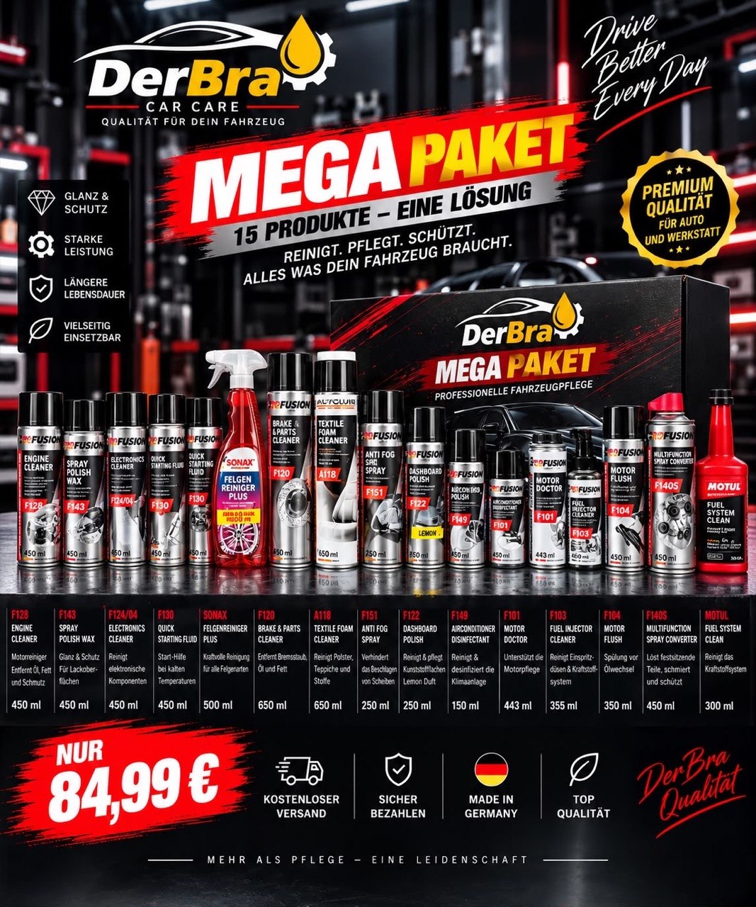 🛠️ DerBra Mega Paket – 15 Produkte Das große Komplettpaket für Fahrzeugpflege, Reinigung und Wartung.